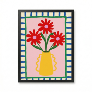 Marguerites Rouges Vase Jaune